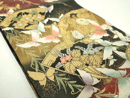 平和屋着物▼六通柄袋帯　檜扇舞蝶花文　金糸　正絹　逸品　DABI6731ps