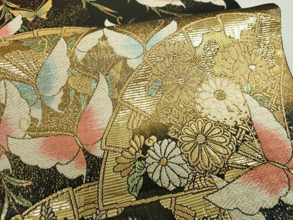 平和屋着物▼六通柄袋帯　檜扇舞蝶花文　金糸　正絹　逸品　DABI6731ps