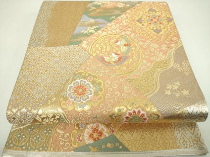 平和屋着物▼六通柄袋帯　唐織　切嵌正倉院花鳥文　金銀糸　正絹　逸品　DABI6733ps