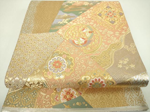 平和屋着物▼六通柄袋帯　唐織　切嵌正倉院花鳥文　金銀糸　正絹　逸品　DABI6733ps