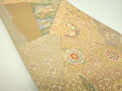平和屋着物▼六通柄袋帯　唐織　切嵌正倉院花鳥文　金銀糸　正絹　逸品　DABI6733ps