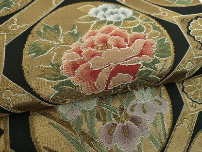 平和屋着物▼西陣　六通柄袋帯　蜀江花丸文　黒地　金糸　証紙付き　正絹　逸品　DABI6737ps
