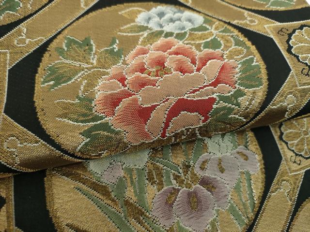 平和屋着物▼西陣　六通柄袋帯　蜀江花丸文　黒地　金糸　証紙付き　正絹　逸品　DABI6737ps