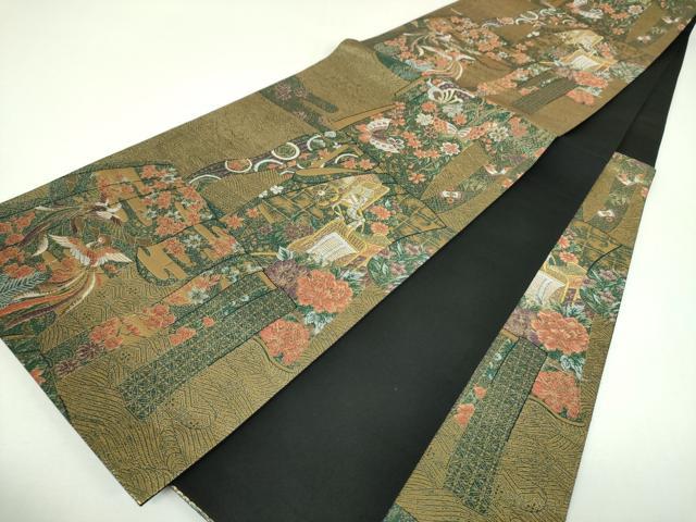 平和屋着物▼六通柄袋帯　誰が袖舞蝶御所車鳳凰花文　金糸　正絹　逸品　DABI6753ps