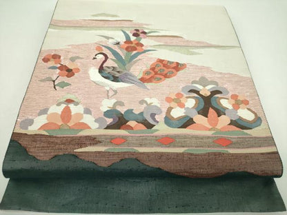 平和屋着物●太鼓柄袋帯　すくい織　孔雀花文　金糸　正絹　逸品　DABI6762ps