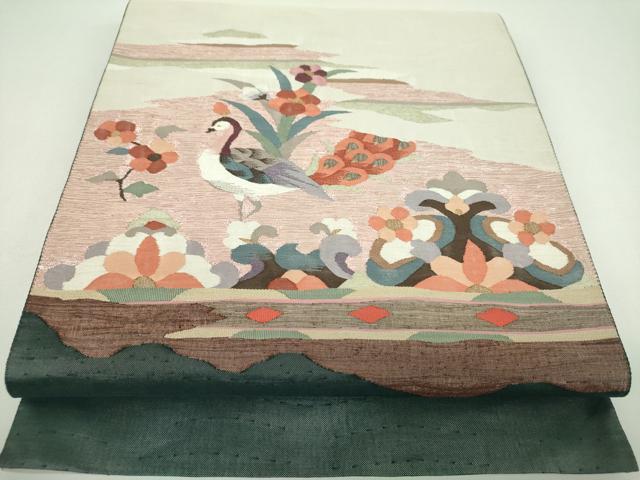 平和屋着物●太鼓柄袋帯　すくい織　孔雀花文　金糸　正絹　逸品　DABI6762ps