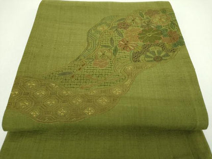 平和屋着物●中国三大刺繍　スワトウ相良刺繍　汕頭相良刺繍　総刺繍　太鼓柄袋帯　紬地　片輪車花文　正絹　逸品　未使用　DABI6765ps