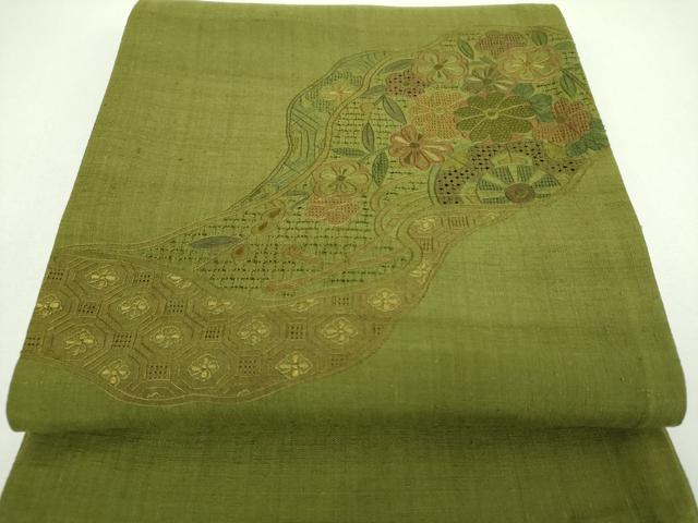 平和屋着物●中国三大刺繍　スワトウ相良刺繍　汕頭相良刺繍　総刺繍　太鼓柄袋帯　紬地　片輪車花文　正絹　逸品　未使用　DABI6765ps