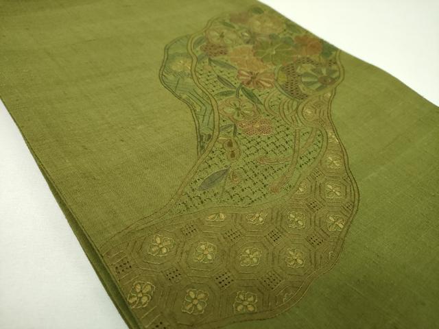 平和屋着物●中国三大刺繍　スワトウ相良刺繍　汕頭相良刺繍　総刺繍　太鼓柄袋帯　紬地　片輪車花文　正絹　逸品　未使用　DABI6765ps