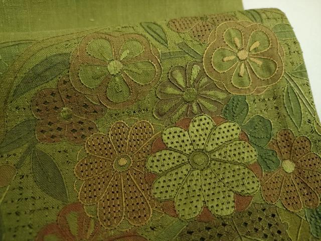 平和屋着物●中国三大刺繍　スワトウ相良刺繍　汕頭相良刺繍　総刺繍　太鼓柄袋帯　紬地　片輪車花文　正絹　逸品　未使用　DABI6765ps