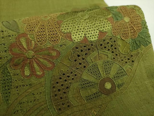 平和屋着物●中国三大刺繍　スワトウ相良刺繍　汕頭相良刺繍　総刺繍　太鼓柄袋帯　紬地　片輪車花文　正絹　逸品　未使用　DABI6765ps