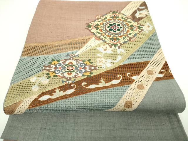 平和屋着物●中国三大刺繍　スワトウ刺繍　汕頭刺繍　総刺繍　太鼓柄袋帯　紬地　正倉院花菱文　正絹　逸品　DABI6783ps