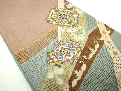 平和屋着物●中国三大刺繍　スワトウ刺繍　汕頭刺繍　総刺繍　太鼓柄袋帯　紬地　正倉院花菱文　正絹　逸品　DABI6783ps