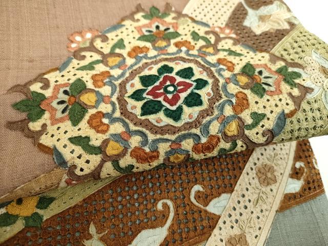 平和屋着物●中国三大刺繍　スワトウ刺繍　汕頭刺繍　総刺繍　太鼓柄袋帯　紬地　正倉院花菱文　正絹　逸品　DABI6783ps