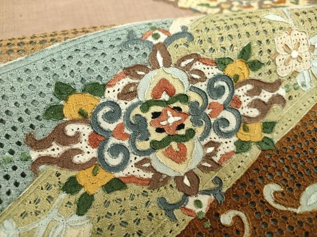 平和屋着物●中国三大刺繍　スワトウ刺繍　汕頭刺繍　総刺繍　太鼓柄袋帯　紬地　正倉院花菱文　正絹　逸品　DABI6783ps