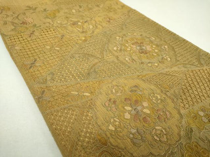 平和屋着物●極上　中国三大刺繍　スワトウ刺繍　汕頭刺繍　総刺繍　袋帯　紬地　正倉院花文　金通し地　正絹　逸品　DABI6784ps