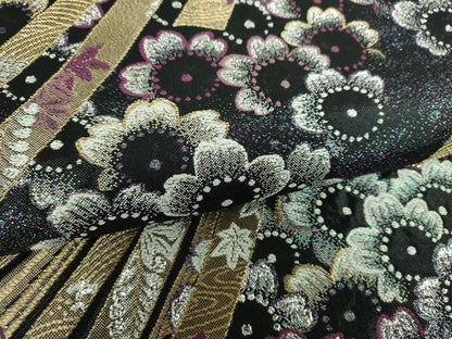 平和屋着物▼六通柄袋帯　舞桜熨斗文　黒地　金銀糸　正絹　逸品　DABI6808ps