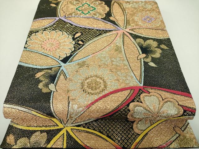 平和屋着物▼六通柄袋帯　舞桜　七宝花文　黒地　金銀糸　正絹　逸品　DABI6809ps