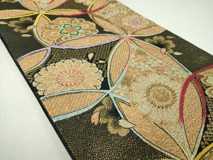 平和屋着物▼六通柄袋帯　舞桜　七宝花文　黒地　金銀糸　正絹　逸品　DABI6809ps