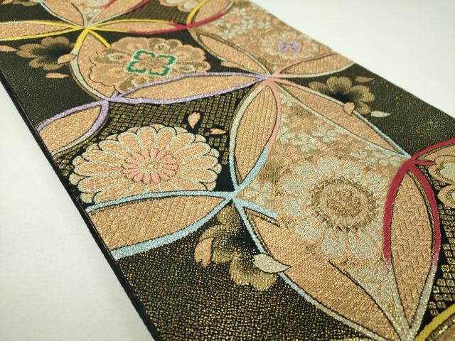 平和屋着物▼六通柄袋帯　舞桜　七宝花文　黒地　金銀糸　正絹　逸品　DABI6809ps