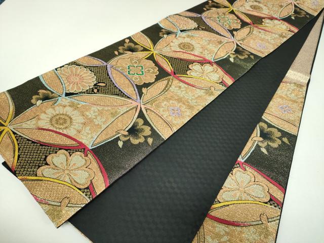 平和屋着物▼六通柄袋帯　舞桜　七宝花文　黒地　金銀糸　正絹　逸品　DABI6809ps