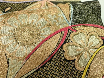 平和屋着物▼六通柄袋帯　舞桜　七宝花文　黒地　金銀糸　正絹　逸品　DABI6809ps