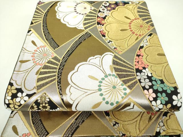 平和屋着物▼両面　六通柄袋帯　扇面桜　金銀糸　正絹　逸品　DABI6813ps