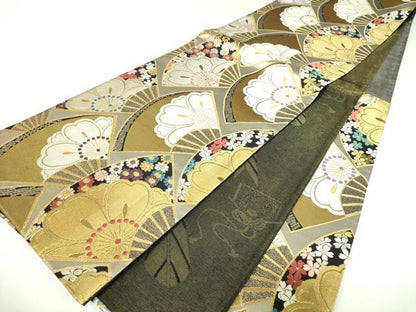 平和屋着物▼両面　六通柄袋帯　扇面桜　金銀糸　正絹　逸品　DABI6813ps