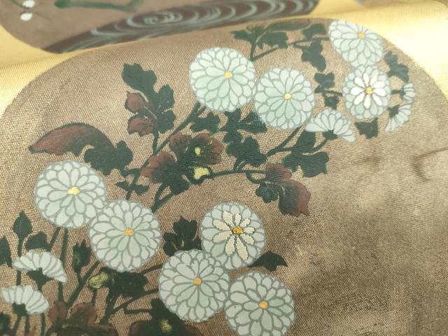 平和屋着物▼太鼓柄袋帯　刺繍　手描き　立波花丸文　金彩　引箔　正絹　逸品　DABI6818ps
