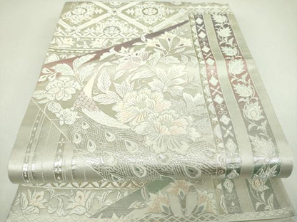 平和屋着物▼六通柄袋帯　唐織　煌きのオパール　孔雀花文　銀糸　正絹　逸品　未使用　DABI6820ps