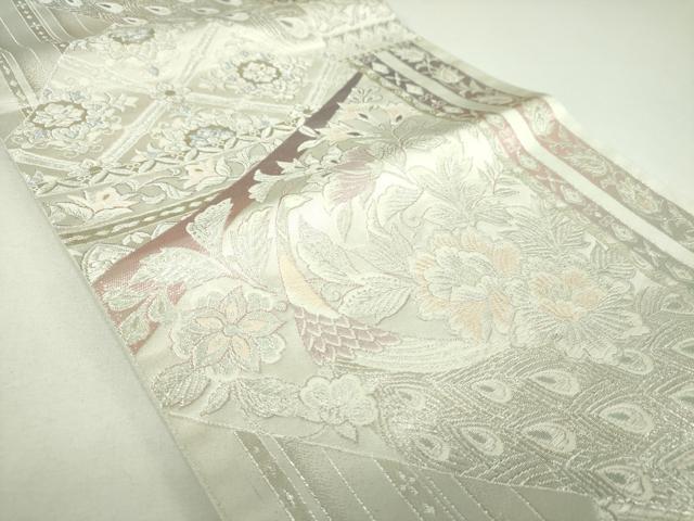 平和屋着物▼六通柄袋帯　唐織　煌きのオパール　孔雀花文　銀糸　正絹　逸品　未使用　DABI6820ps