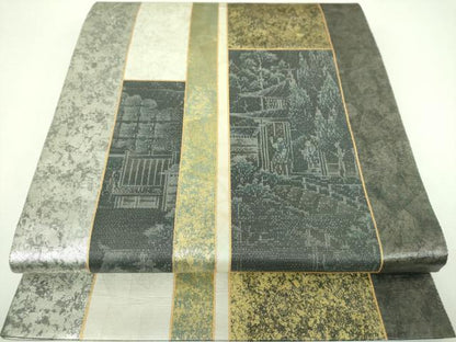平和屋着物●太鼓柄袋帯　作家物　螺鈿箔　風景文　金銀彩　引箔　正絹　逸品　DABI6822ps