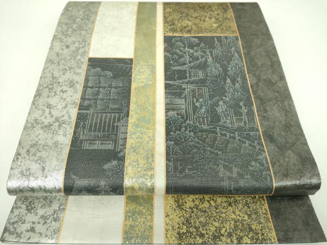 平和屋着物●太鼓柄袋帯　作家物　螺鈿箔　風景文　金銀彩　引箔　正絹　逸品　DABI6822ps