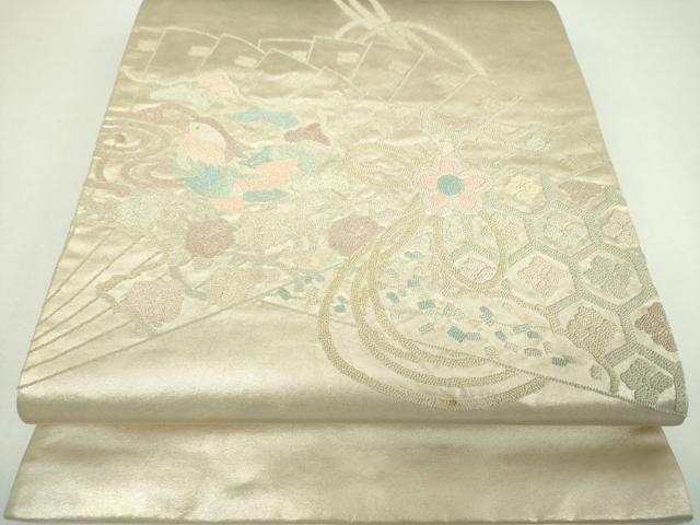 平和屋着物▼中国三大刺繍　総相良刺繍　総刺繍　太鼓柄袋帯　檜扇鴛鴦花文　引箔　正絹　逸品　DABI6830ps