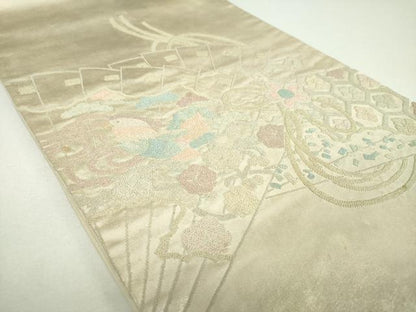 平和屋着物▼中国三大刺繍　総相良刺繍　総刺繍　太鼓柄袋帯　檜扇鴛鴦花文　引箔　正絹　逸品　DABI6830ps