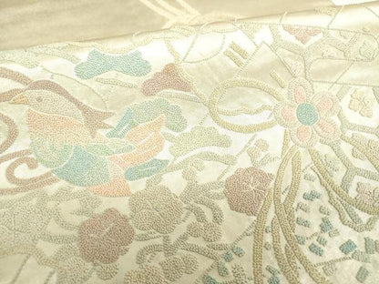 平和屋着物▼中国三大刺繍　総相良刺繍　総刺繍　太鼓柄袋帯　檜扇鴛鴦花文　引箔　正絹　逸品　DABI6830ps