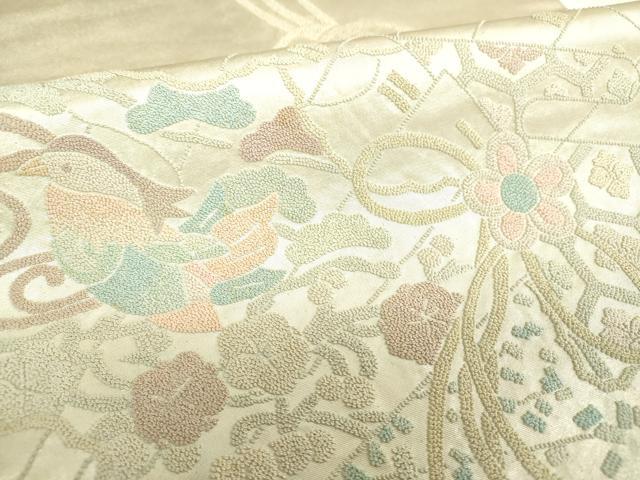 平和屋着物▼中国三大刺繍　総相良刺繍　総刺繍　太鼓柄袋帯　檜扇鴛鴦花文　引箔　正絹　逸品　DABI6830ps