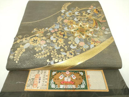 平和屋着物●太鼓柄袋帯　本場縞大島紬　正倉院鳳凰花文　金銀彩　証紙付き　正絹　逸品　DABI6862ps
