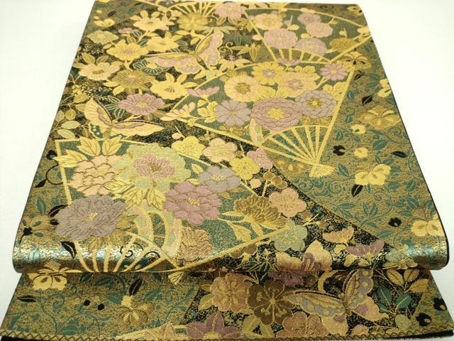 平和屋着物▼六通柄袋帯　古代彫金紋　扇面舞蝶花文　正絹　逸品　DABI6887ps
