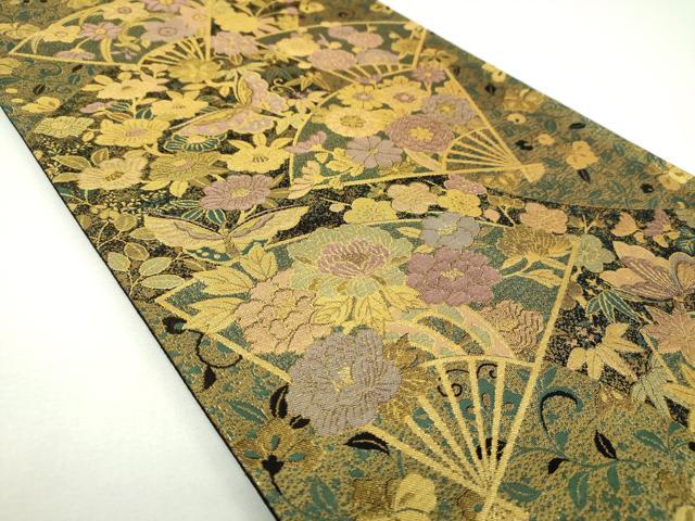 平和屋着物▼六通柄袋帯　古代彫金紋　扇面舞蝶花文　正絹　逸品　DABI6887ps