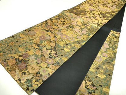 平和屋着物▼六通柄袋帯　古代彫金紋　扇面舞蝶花文　正絹　逸品　DABI6887ps