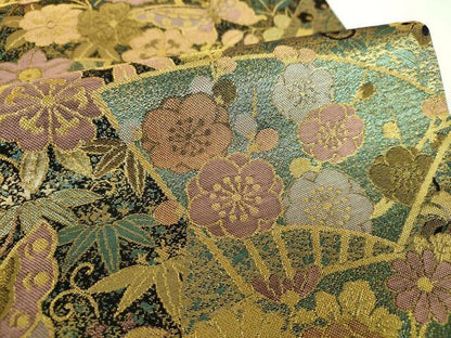 平和屋着物▼六通柄袋帯　古代彫金紋　扇面舞蝶花文　正絹　逸品　DABI6887ps