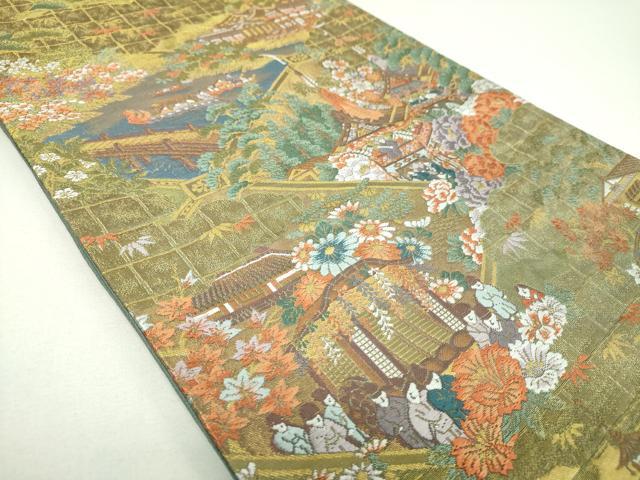 平和屋着物▼全通柄袋帯　唐織　風景人物花文　金糸　正絹　逸品　DABI6903ps