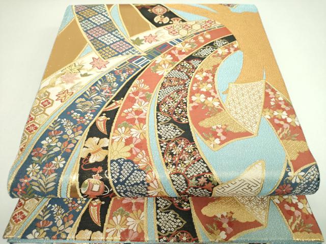 平和屋着物▼六通柄袋帯　紹巴　束ね熨斗宝尽くし花文　金銀糸　正絹　逸品　DABI6929ps