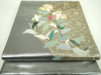 平和屋着物▼太鼓柄袋帯　螺鈿　刺繍　草花文　金銀彩　引箔　正絹　逸品　DABI6979ps