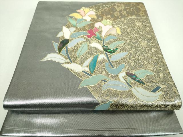 平和屋着物▼太鼓柄袋帯　螺鈿　刺繍　草花文　金銀彩　引箔　正絹　逸品　DABI6979ps