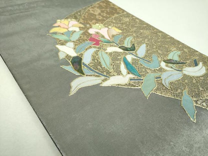 平和屋着物▼太鼓柄袋帯　螺鈿　刺繍　草花文　金銀彩　引箔　正絹　逸品　DABI6979ps