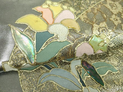 平和屋着物▼太鼓柄袋帯　螺鈿　刺繍　草花文　金銀彩　引箔　正絹　逸品　DABI6979ps