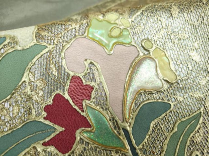 平和屋着物▼太鼓柄袋帯　螺鈿　刺繍　草花文　金銀彩　引箔　正絹　逸品　DABI6979ps