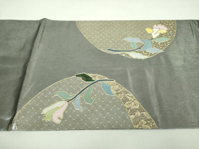 平和屋着物▼太鼓柄袋帯　螺鈿　刺繍　草花文　金銀彩　引箔　正絹　逸品　DABI6979ps
